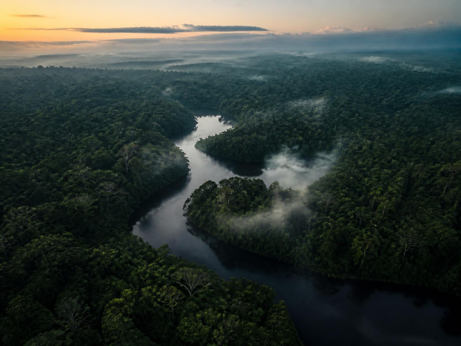 Forêt amazonienne et fleuve de Guyane à l'aube